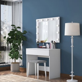 Hanah Home Mesa de Maquillaje BJ121 - 2934 Blanca con Espejo y Puf